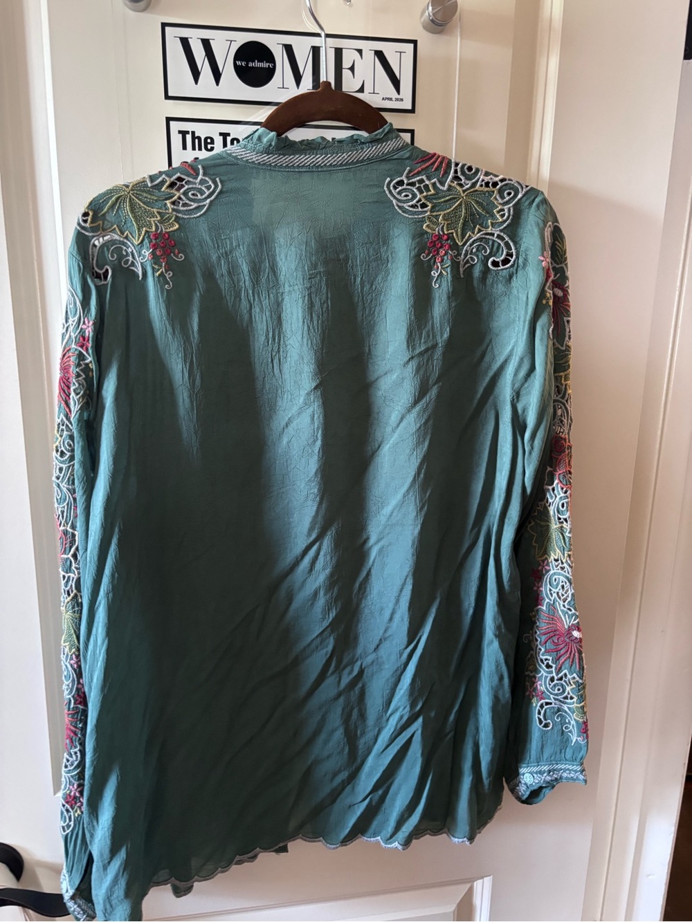 Johnny Was Green Embroidered Button-Front Blouse - Picture 3 of 4